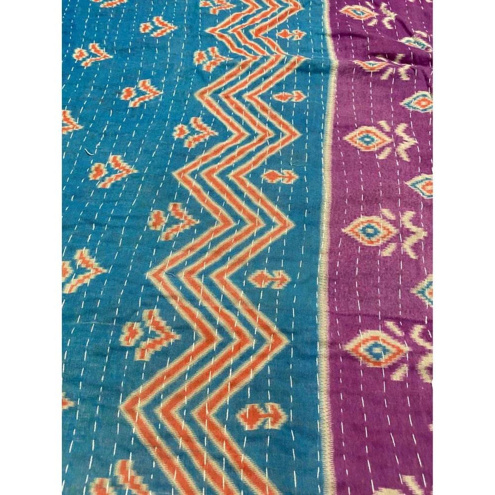 Kantha Quilt Hand Stitched Paisley Cotton Throw Blanket Reversible Blue Red Gold